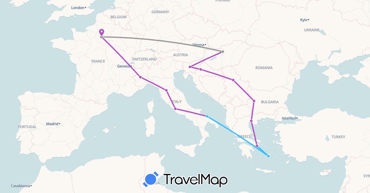 TravelMap itinerary: driving, plane, train, boat in Bulgaria, France, Greece, Croatia, Hungary, Italy, Serbia, Slovenia (Europe)